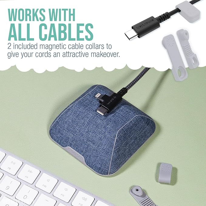 Smartish® Magnetic Cord Holder - Cable Wrangler Organizer with Magnet Clips for Charger Management on Desktop, Nightstand for USB-C + Lightning - Blue Jeanie