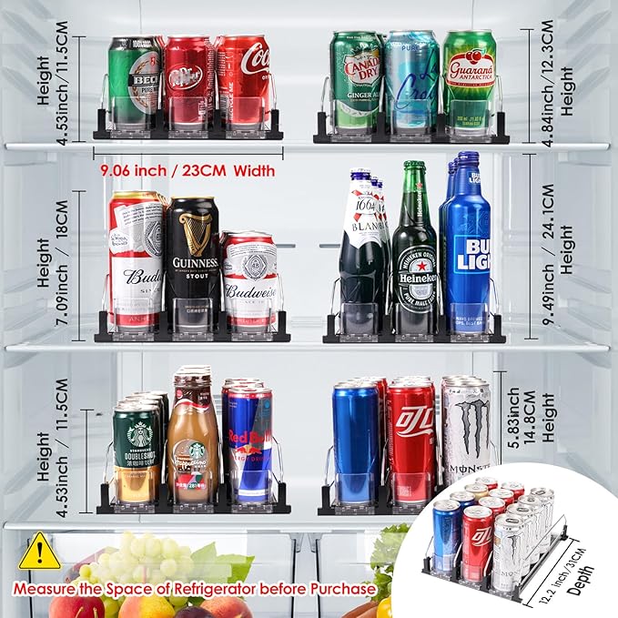 BingoHive Drink Dispenser for Refrigerator, Self-Pushing Soda Can Organizer for Fridge, 3 Rows has been Assembled, Automatic Can Organizer with Spring Loaded for Refrigerator Holds 12 cans, Black