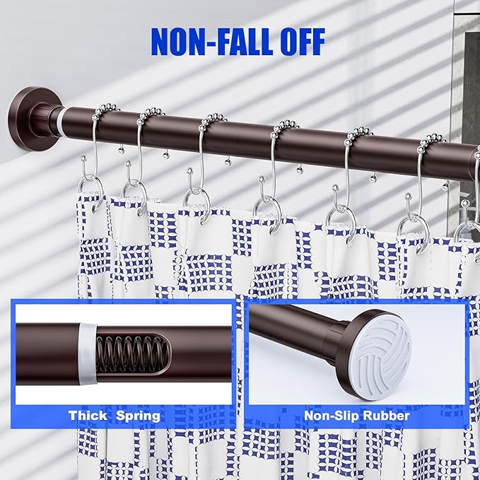 Ausemku Shower Curtain Rod 32-65 Inch Adjustable - 1 Inch Diameter Heavy Duty No Drill Spring Tension Shower Rod, Non-Slip Rustproof Telescopic Rod for Bathroom, Brown