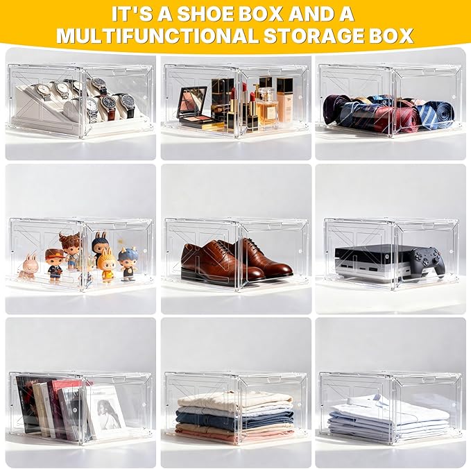 1 Pack Large Clear Shoe Box for Men’s Size 13 Sneakers, Stackable Drop-Front with Magnetic Door, BPA-Free Plastic Display Organizer, 13.5” x 10.55” x 7.5” – Transparent