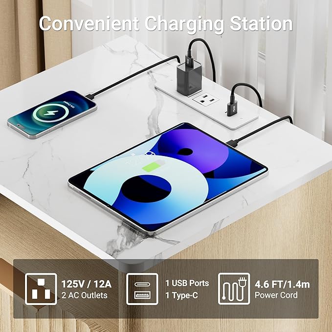 Fluted Nightstand Set of 2 with Charging Station, 18" Modern Night Stand with Faux Marble Top, 2 Drawers End Table with Storage for Bedroom Living Room, Curved Profile Design (Natural Oak)