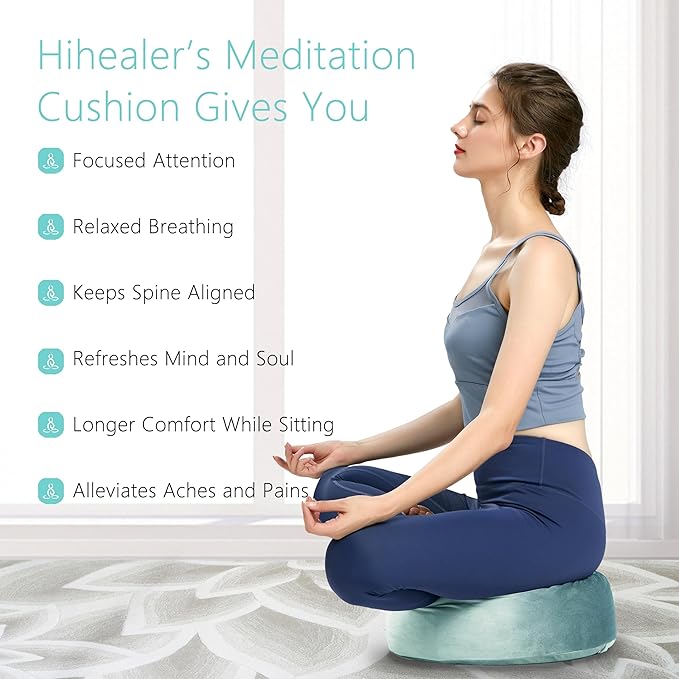 Hihealer Meditation Cushion - Large Velvet Zafu Floor Pillow for Adults and Women - Comfortable Yoga Pillow with Traditional Tibetan Buckwheat Filling for Meditation and Relaxation