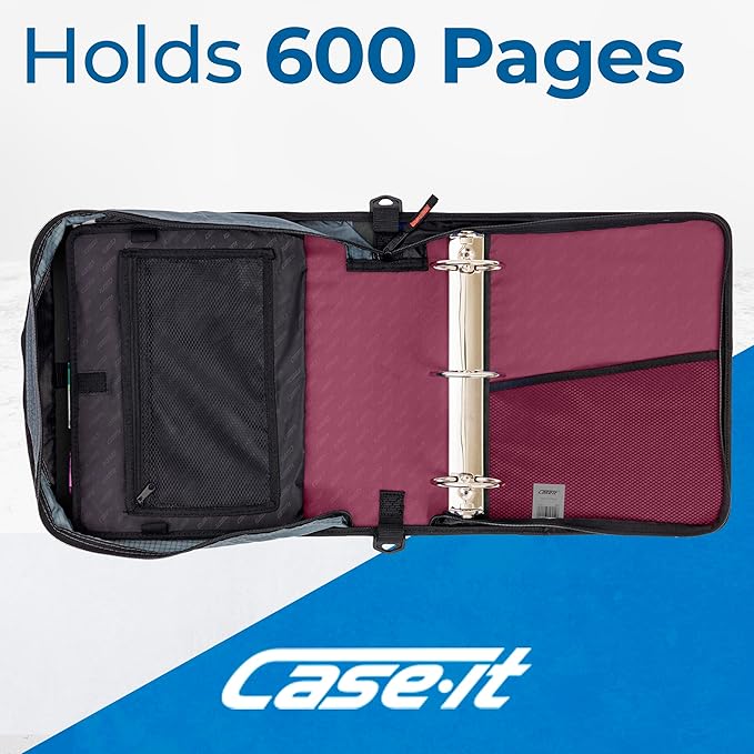 Case-it Mighty Zip Tab School Zipper Binder | 3-Inch O-Rings, 600-Sheet Capacity, 5-Subject Expanding File Folder, Multiple Pockets & Storage Organizer, Shoulder Strap | D-146 Red Burgundy