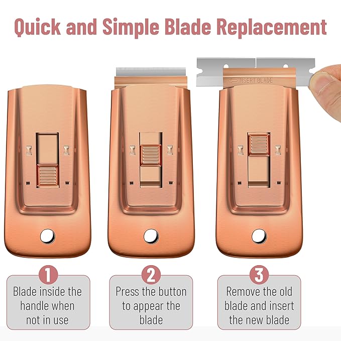 Bates- Metal Razor Blade Scraper Tool, 2 Pack, 30 Extra Blades, Rose Gold, Heavy-Duty Cleaning Razor Scraper Tool