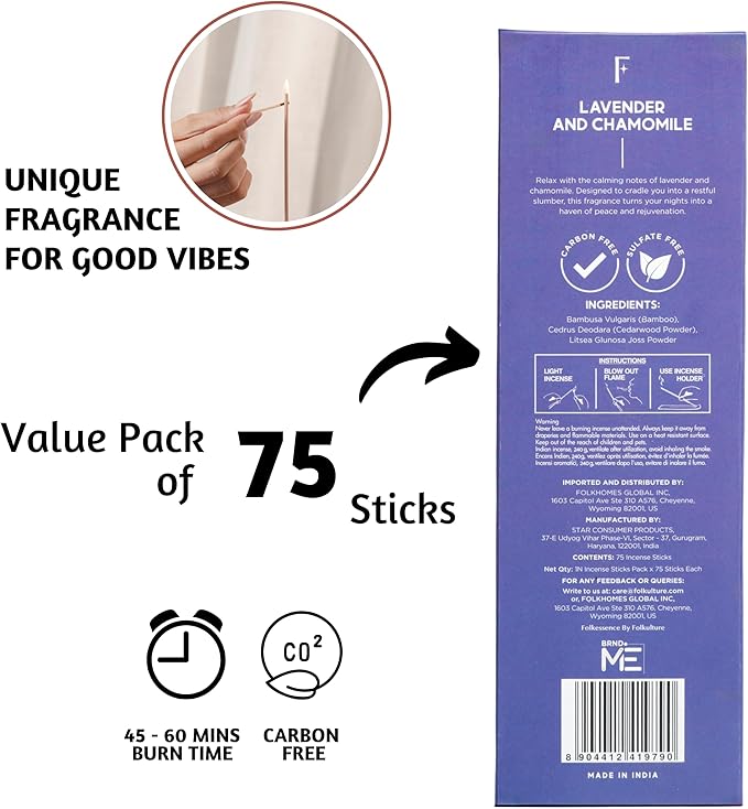 Folkulture Incense Stick for Home | Pack of 75 (8") Non Toxic Insence-Sticks for Meditation with 45 Mins Burn Time | Organic Insence, Lavender Inscents-Sticks | Chamomile Inscent Stick for Gifts