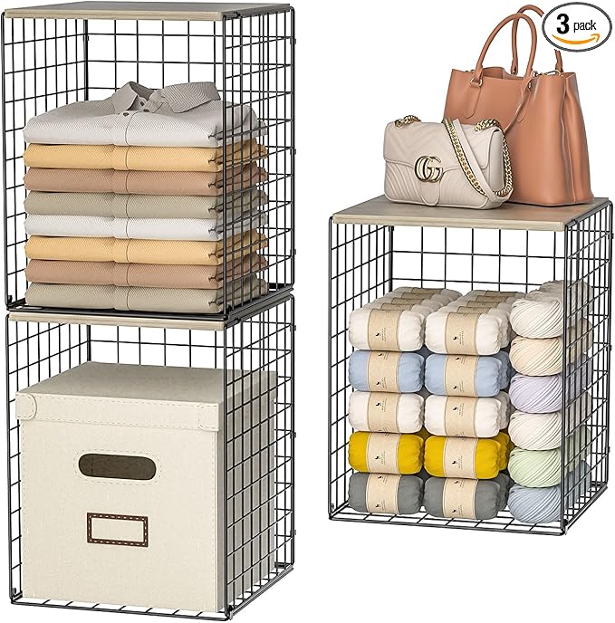 Taller Closet Organizers and Storage with Wood Top, Set of 3 Stackable Wire Storage Bins for Clothes, Bags, Towels, Double Storage Design, Sturdy Metal Cube Shelf Organizer for Closet Wardrobe, Black