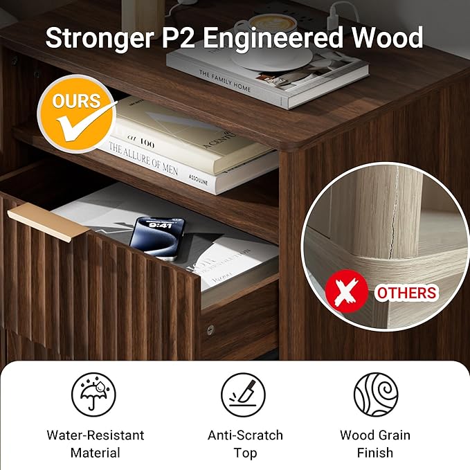 Fluted Nightstand with Charging Station, 18" Modern Farmhouse Night Stand, 2 Drawers End Table with Storage, Bedside Table for Bedroom Sofa Home Office, Curved Profile Design (Walnut)