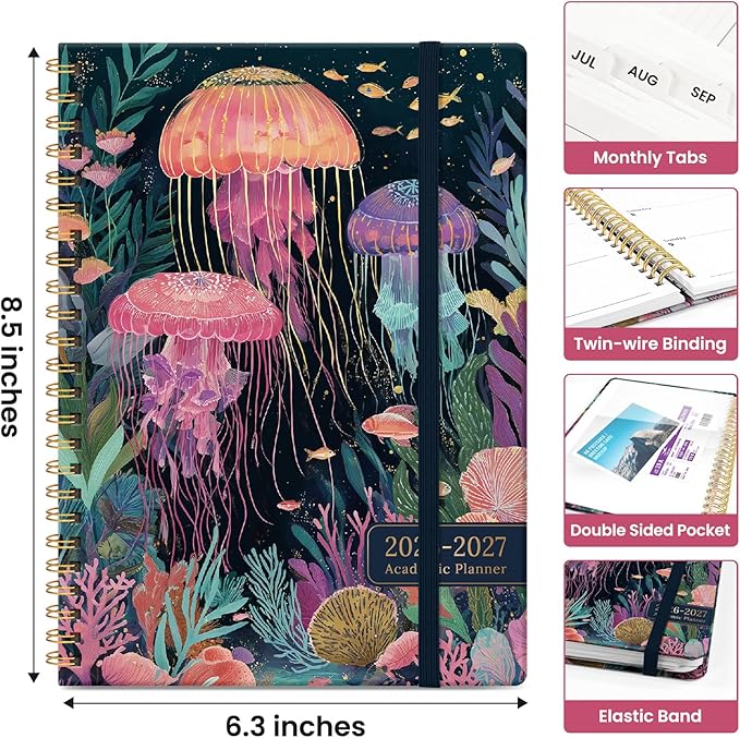 Planner 2026-2027, Academic Year Monthly and Weekly Calendar Planner, Jul 2026 - Jun 2027, Hardcover Teacher Student Planning Agenda book with Tabs, Perfect for School Office Supplies, 6.3" x 8.5" - Jellyfish