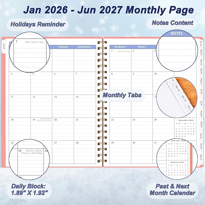 Monthly Planner 2026-2027 (7.6'' x 9.6''), 18 Months Monthly Planner from Jan 2026-Jun 2027, Calendar 2026 Planner with Tabs & Pocket, Pink