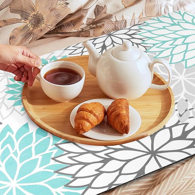 Findosom 2PCS 16" x 24" Dish Drying Mat & 24" x 5.5" Sink Splash Guard, Super Absorbent & Cuttable Dish Mat Drying Kitchen Mat with Teal Floral, Hide Stain Drying Mat for Kitchen Counter