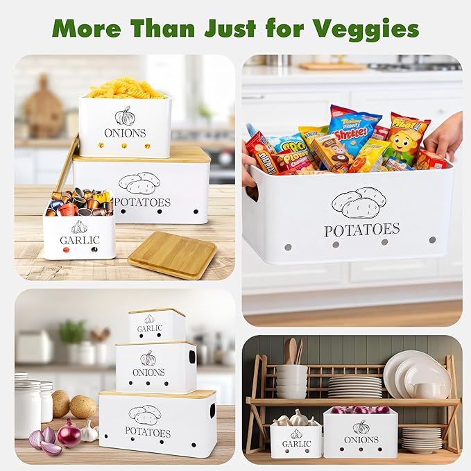 Kitchen Metal Vegetable Storage Bins,Metal Potato Onion Garlic Storage Set of 3 with Aerating Holes and Bamboo Lids,Farmhouse Canisters Sets for the Kitchen Countertop (1, Rectangular)
