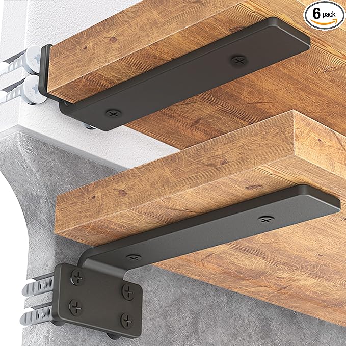 Goovilla Shelf Bracket, Heavy Duty Floating Shelf Brackets 4 inch Long, 6 Pack Brackets for Shelves, Black Coated Metal Wall Shelf Support Brackets with 1/5 Inch Thick and 160 lb. Load Capacity