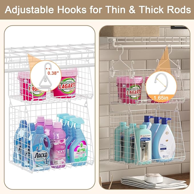 4-Tier Hanging Laundry Room Organizer: Foldable Wire Shelf Basket with 2 Large 1.65" Hooks & 360° Rotating Hooks – Space-Saving Laundry Storage Basket, for Wardrobe Closet Storage, White Patent
