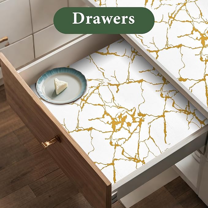 Drawer and Shelf Liner for Kitchen Cabinet, Non-Slip, Waterproof Shelf Paper, 17.5 in X 20 Ft, Non-Adhesive Refrigerator Liners, Gold White Marble, Easy Liners for Bathroom Cupboard