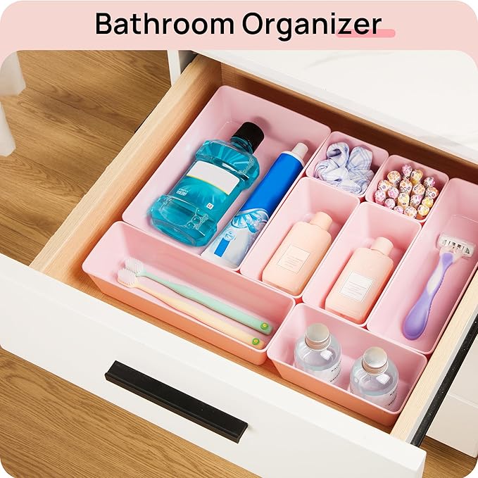 Vtopmart 44 PCS Plastic Drawer Organizers Set, 4-Size Versatile Bathroom and Vanity Organizer Trays, Non-Slip Storage Containers for Makeup, Jewelries, Bedroom, Kitchen Utensils and Office, Pink