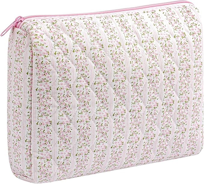 HHQQWZ Makeup Bag Travel Cosmetic Bag for Women Girls, Zipper Make Up Pouch, Floral Flowers Toiletry Organizer Makeup, Portable Storage Cosmetic Travel Cloth Bag (L/Pink Floral)