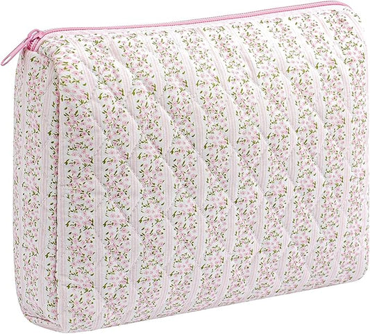 HHQQWZ Makeup Bag Travel Cosmetic Bag for Women Girls, Zipper Make Up Pouch, Floral Flowers Toiletry Organizer Makeup, Portable Storage Cosmetic Travel Cloth Bag (L/Pink Floral)