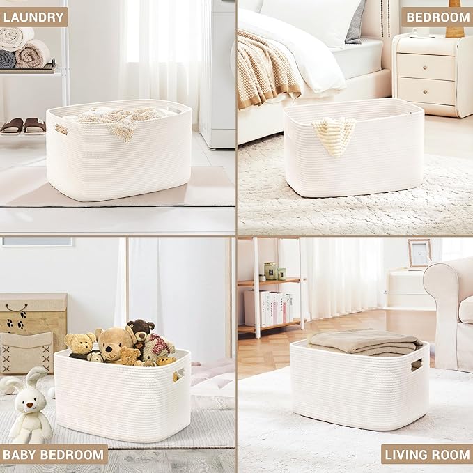 SunNewt 86L Large Baby Girls Laundry Basket for Nursery Storage,Cute Woven cotton Rope Baskets for Kids Toy，Gifts, Boho Square Wicker Blanket hamper for Living Room,Bedroom Dirty Clothes, White
