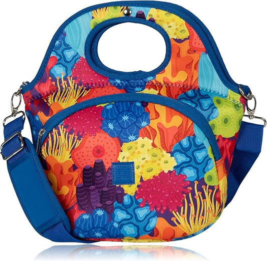 Made Easy Kit Large Insulated Lunch Tote Bag – Stylish Neoprene Carrier Foil Lining, Front Zipper Pocket & Shoulder Strap – Machine Washable, Lightweight, Travel Ready (Coral Reef Sea)