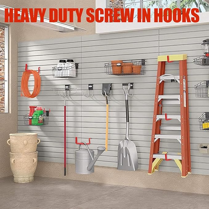 Lian.Ripple.Lian Garage Hooks Heavy Duty, 12-Pack Mixed Utility Garage Hooks, Wall Mounted Steel Tool Hangers for Garage Wall Organizer, Hold Ladders Tools Bikes (Red, 6 Type & 12 Pack)