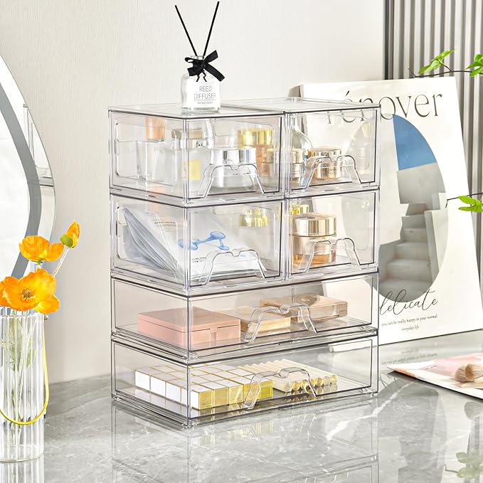 Stebopum 6 Pack Stackable Storage Drawers Clear Acrylic Organizer Makeup Bathroom Organizer and Storage Bins for Beauty Supplies,Ideal for Vanity, Bathroom,Pantry Organization