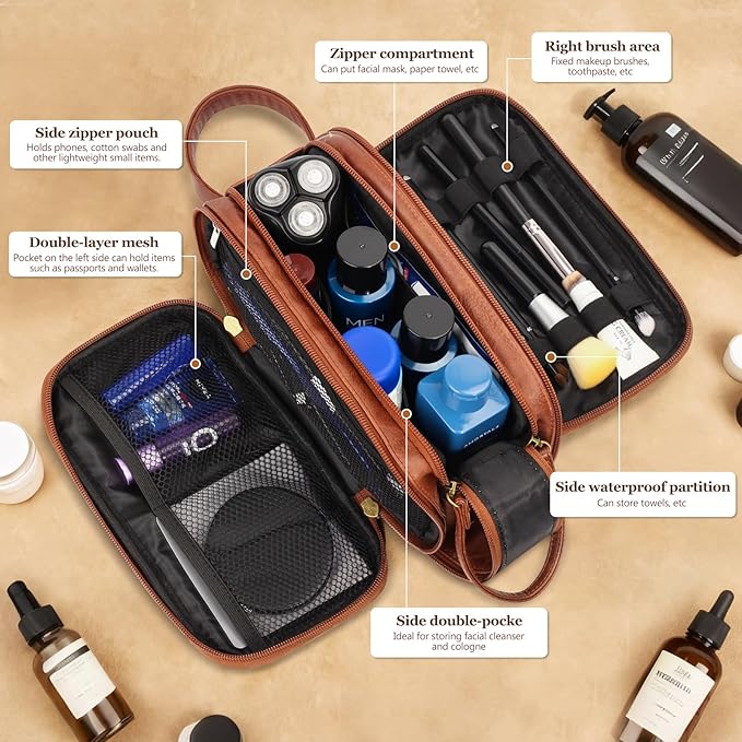 Travel Toiletry Bag for Men,Mens Shaving Bags for Toiletries,Men's Toiletry Travel Bag Leather,Personalized Travel Essentials,Birthday Gifts For Men,Brown- Y