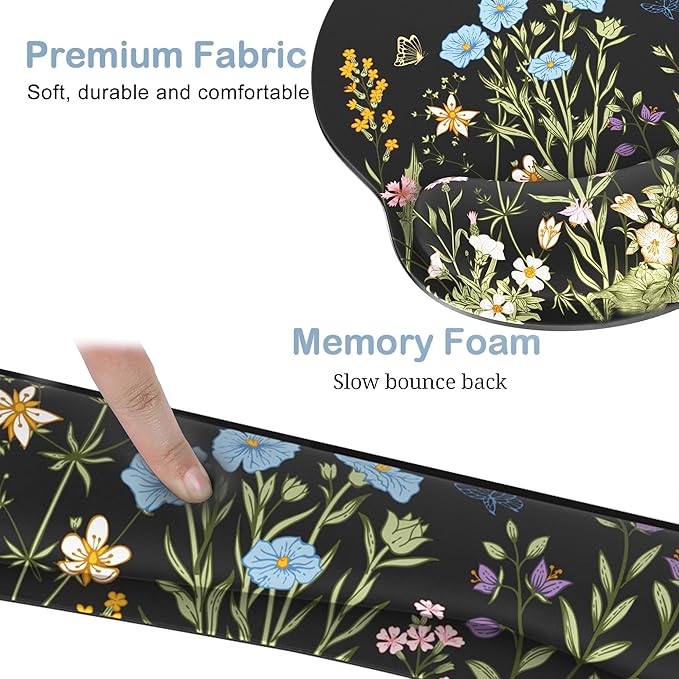Ergonomic Mouse Pad with Wrist Rest and Keyboard Wrist Rest, Memory Foam Wrist Rest for Computer Keyboard, Easy Typing, Pain Relief, Black Mouse Pad Wrist Support for Gaming, Office, Laptop, Floral