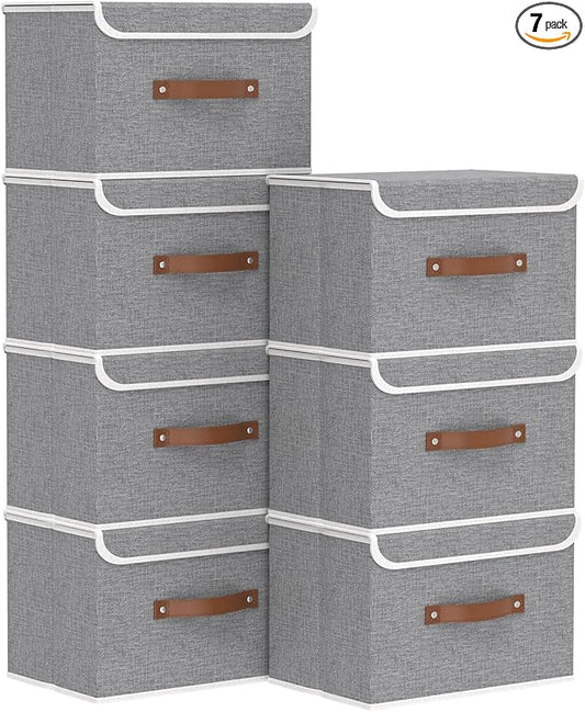 Yawinhe Collapsible Storage Bin, Cube Organizer Basket, Fabric Box with Lids, Washable and Leather Handle, for Home, Closet, Grey, 15.0''Lx9.8''Wx9.8''H, 7-Pack, USNK024GL-7