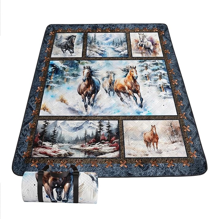 Outdoor Picnic Blanket Portable Ultrasonic Waterproof Picnic 3D Horse Printed Camping Beach Mat for Sand and Wet Grass Hiking (3D Horse S