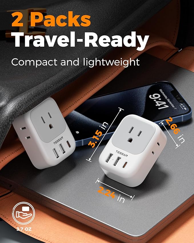 TESSAN Brazil Plug Adapter 2 Pack, 7-in-1 US to Brazil Power Adapter with 3 USB Ports (1 USB-C PD 20W Port), 4 American Outlets, Type N Travel Adapter for USA to Brazilian