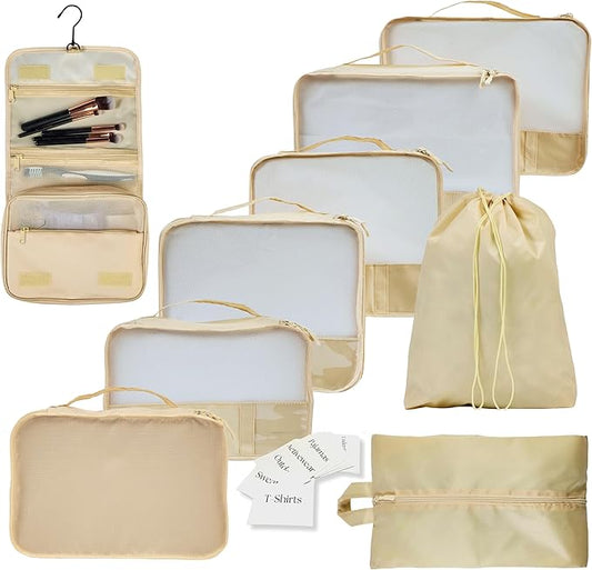 Foxy Traveler 9 Set Packing Cubes - Suitcase Organizer, Cute Packing Cubes, Travel Bags Organizer for Luggage with Hanging Toiletry and Shoe Bag, Travel Essentials for Women, Men and Kids -Beige
