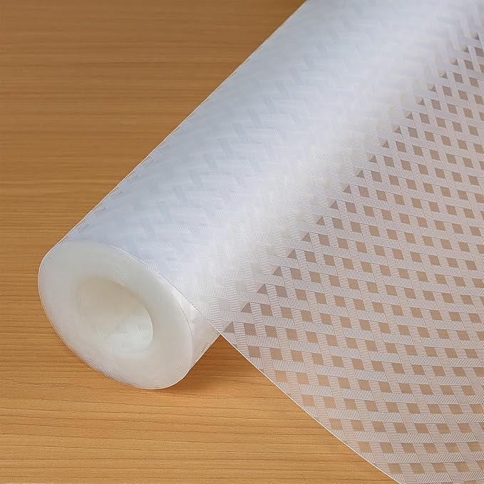 Hersvin Shelf Liners 14 in x 20 ft EVA Drawer Mats, Non-Adhesive Cupboard Protector, Kitchen Cabinet Lining Fridge Liner (Clear Crossed Stripe, 35.6x610cm)