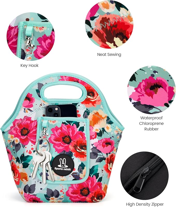 Sports Rabbit Neoprene Insulated Lunch Bag for Women - Front Pocket for Phone&Keys - Reusable, Foldable, Lightweight, Waterproof, Easy to Store & Clean - Ideal for Work,Travel & Picnics(Green flowers)