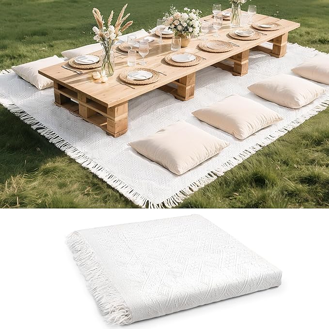 91 x 71 Extra Large White Outdoor Picnic Blanket, Woven Cotton Yarn Oversize Portable Blanket with Fringe for Camping, Lawn or Wedding Photoshoot. Indoor Bohemia Decorations, Machine Washable