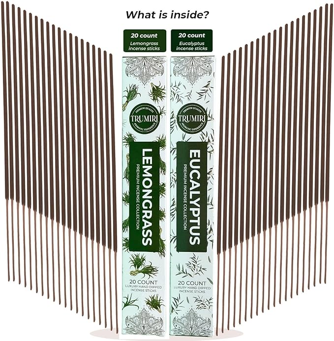 Trumiri Incense Sticks - Combo Pack of 40 Insence-Sticks - 20 Lemongrass + 20 Eucalyptus - Insenses - Insents - Incents - Inscense - Incence - Incienso - All Natural Incense Sticks