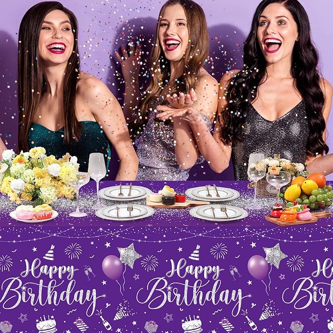 Tudomro 3 Pcs Happy Birthday Tablecloths Happy Birthday Party Decorations Plastic Table Cover Rectangular Cloths for Women Men Baby Shower Party Supplies, 108 x 54 Inch (Purple Silver)