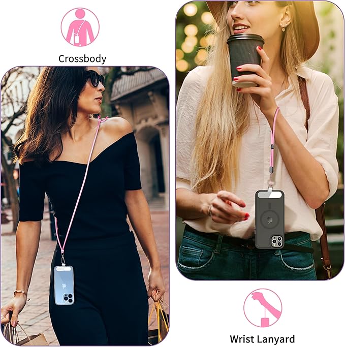 CACOE Phone Lanyard 2 Pcs-1 Pcs Adjustable Neck Strap, 1 Pcs Wrist Strap, 2 Pads, Universal Crossbody Multifuctional Cell Phone Lanyards Compatible with Most Smartphones(Light Pink)