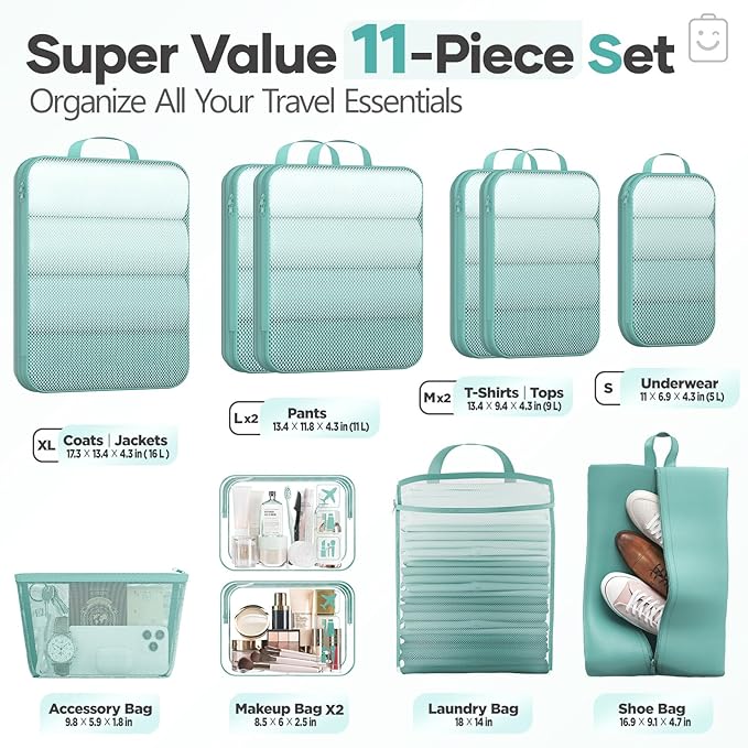 Veken 11-Piece Compression Packing Cubes for Travel Essentials, Compressible Expandable Large Luggage Suitcase Organizer Bags for Clothing, Durable Space Saver Storage Bags with Toiletry Bags (Blue Green)