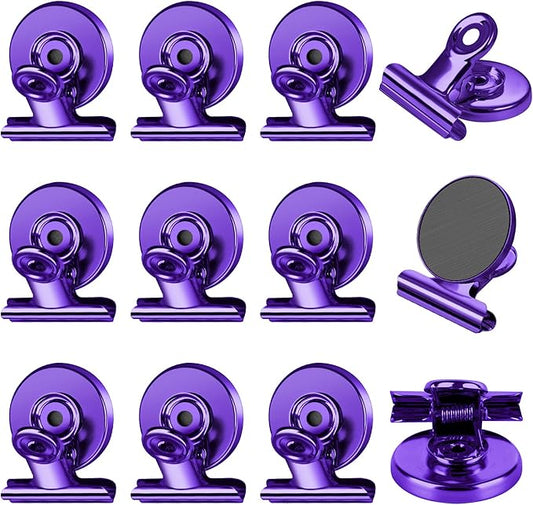 FINDMAG 12 Pack Magnetic Clips for Photo Display and Picture Hanging, Strong Fridge Magnets, Magnetic Christmas Light Clips for Whiteboard, Kitchen, Office, School, Purple, 30mm Wide