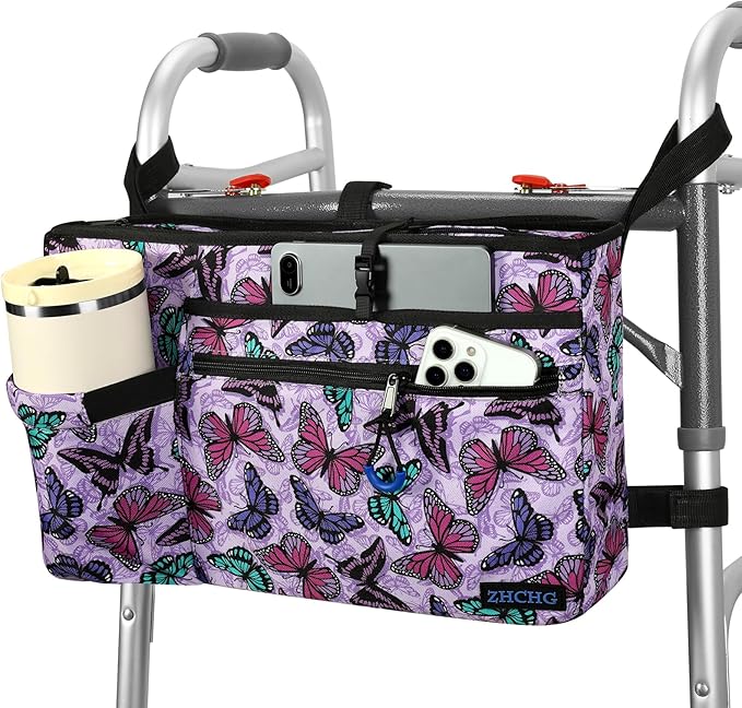 Walker Bag with Cup Holder, Walker Accessories for Seniors Detachable, Foldable Walker Basket with Big Capacity, Best Gift- Purple (Not Fit Rollator Walkers)