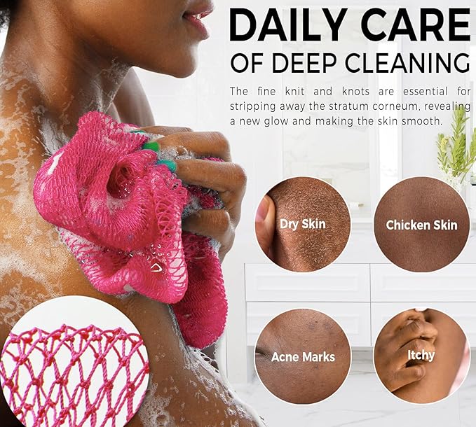 African Net Authentic - 2 Pieces Real African Exfoliating Sponge with Knots - African Net Wash Cloths for Body Scrubber Exfoliator Pink & BabyPink- Back Scrub for Shower Bath Accessories