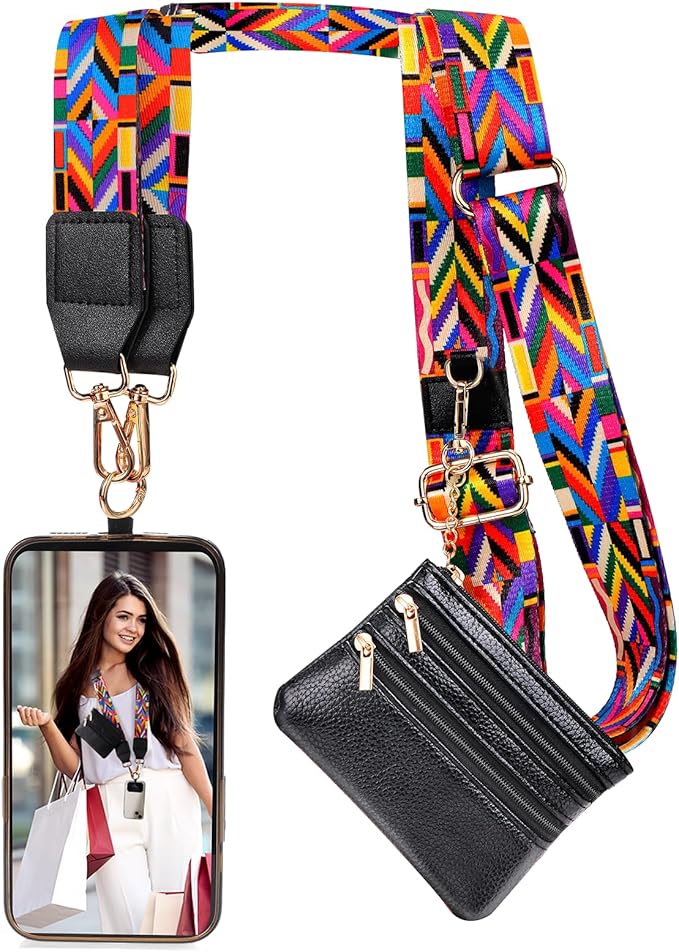 XANGNIER Clip and Go Strap for Phone with Wallet Crossbody, Phone Strap with Zippered Wallet, Adjustable Anti Theft Cellphone Lanyard for Women, Cellphone Chain Accessories, Multicolor 10