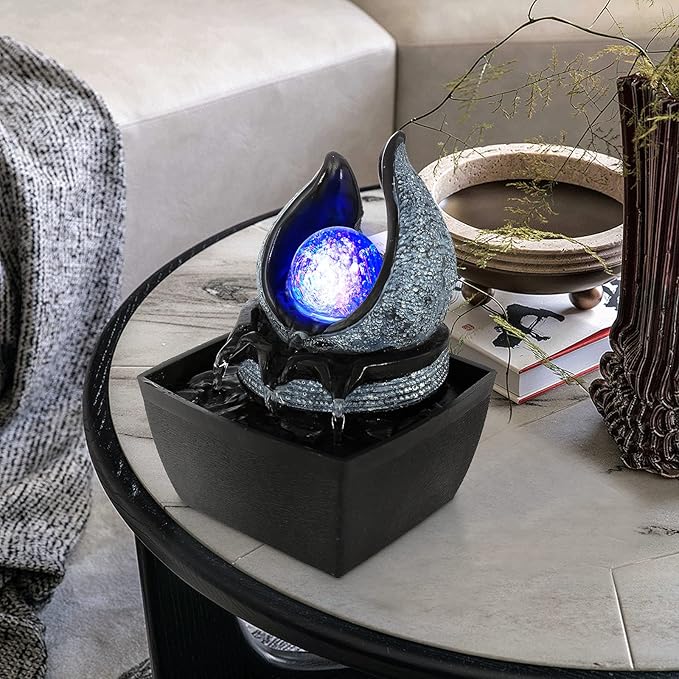 WICHEMI Water Fountains Indoor Waterfall Fountain Mini Tabletop Fountain with LED Rolling Ball Water Feature Indoor Zen Meditation for Home and Office Indoor Spaces Decor (Style 1)