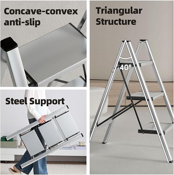 HillhutApex 3 Step Ladder, Lightweight Portable 3 Step Stool with Anti-Slip Wide Pedal,330lbs Capacity Aluminum Ladder for Household,Office,Library(Silver)
