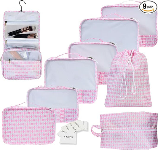 Foxy Traveler 9 Set Packing Cubes - Suitcase Organizer, Cute Packing Cubes, Travel Bags Organizer for Luggage with Hanging Toiletry and Shoe Bag, Travel Essentials for Women, Men and Kids -Pink