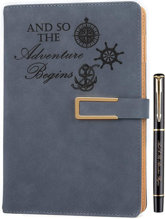 Fanery Sue Refillable Adventure Travel Journal For Women & Men Faux Leather Hardcover A5 Travel Notebook College Ruled 200 Lined Pages Lay-Flat Diary With Pen & Magnetic Buckle（Adventure - Blue