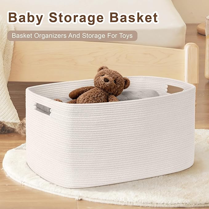 SunNewt 86L Large Baby Girls Laundry Basket for Nursery Storage,Cute Woven cotton Rope Baskets for Kids Toy，Gifts, Boho Square Wicker Blanket hamper for Living Room,Bedroom Dirty Clothes, White