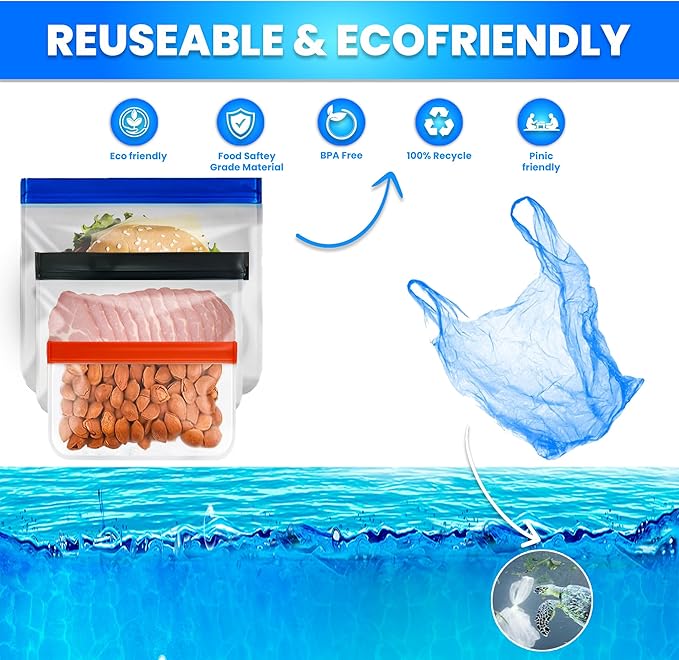 24-Pack Reusable Silicone Food Storage Bags – BPA-Free, Leakproof Ziplock Set | Includes 8 Small, 8 Medium & 8 Large | Freezer-Safe & Eco-Friendly for Kitchen, Meal Prep & Travel