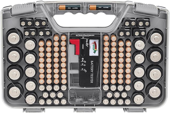 Battery Daddy Storage & Organizer Case w/Tester, Stores & Protects Up to 180 Batteries, Double-Sided, Clear Locking Lid, Secure Latches & Portable Carrying Handle- Warm Grey (Batteries Not Included)
