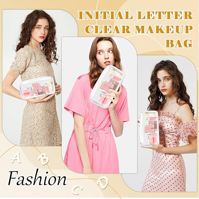 Personalized Initial Letter Clear Makeup Bag, Preppy Small Nylon&PVC Cosmetic Zipper Bag with Chenille Letter, Travel Skincare Toiletry Bag, Monogram Christmas Gift for Teen Girls Women, R